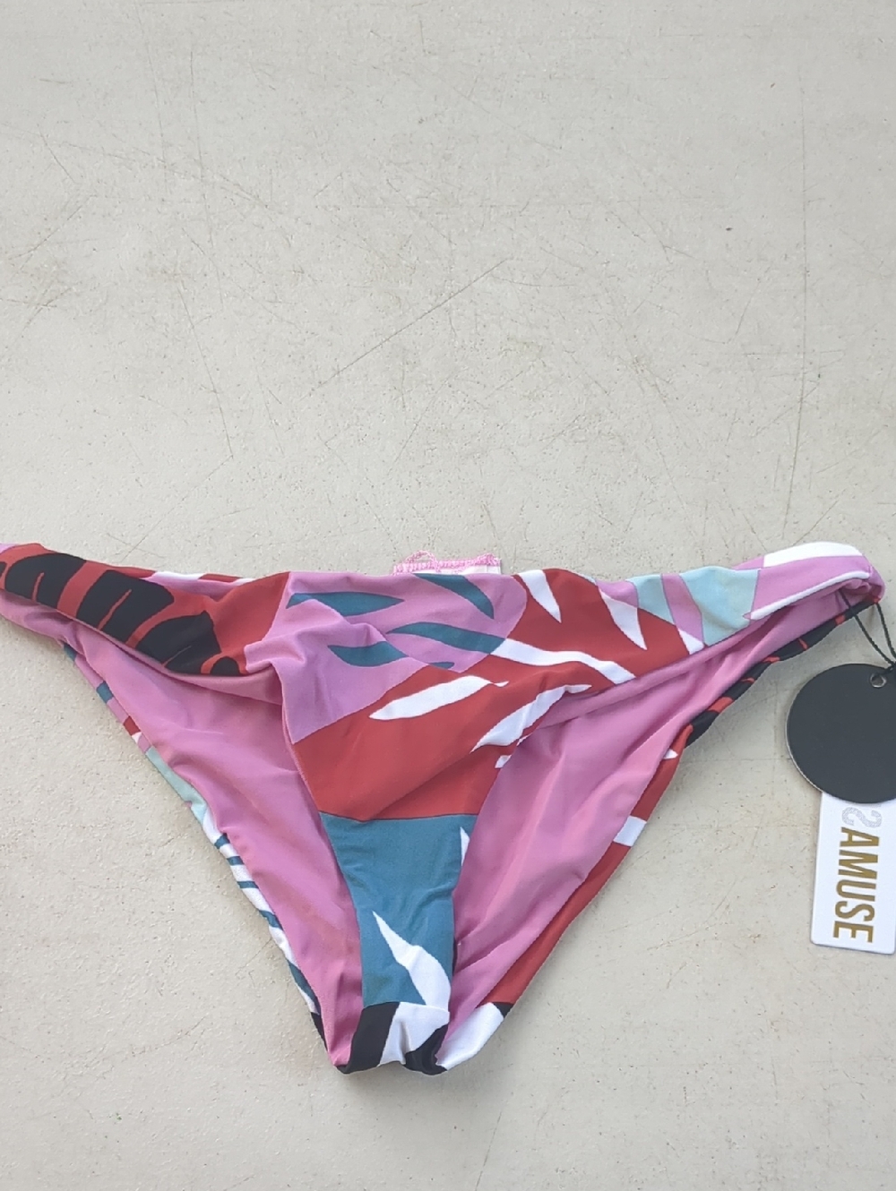 Amuse Society Pink Red Teal Leaf-Print Bikini Bottom